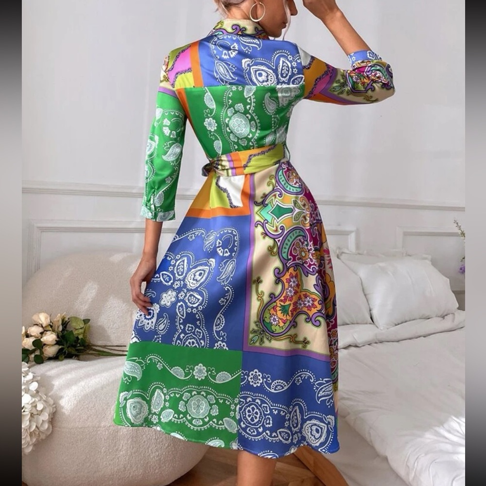 Boho floral print belted shirt dress - Picture 3 of 6